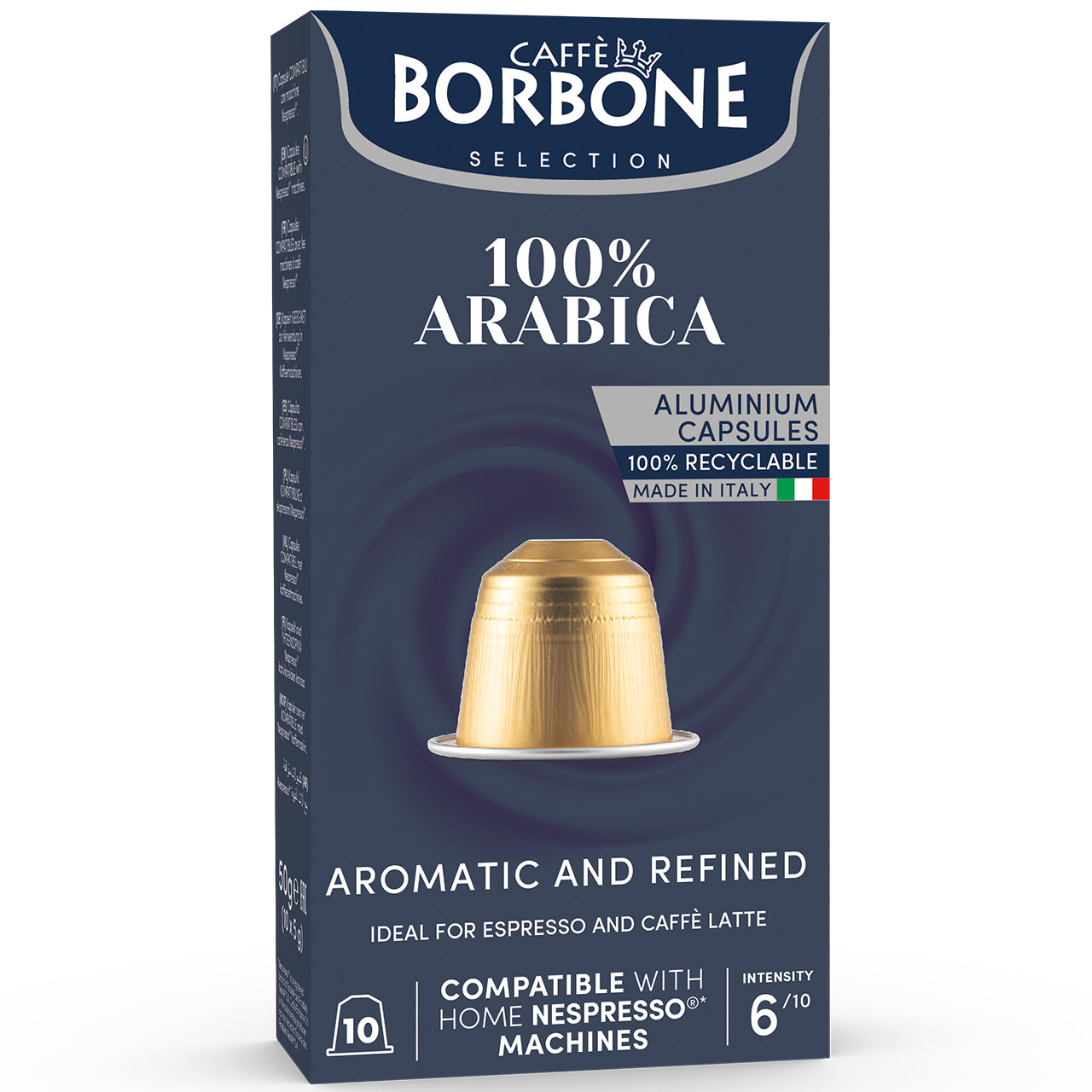A box of Caffè Borbone Selection 100% Arabica aluminium coffee capsules, shown on a clean white background. The packaging is dark navy blue with white text and features a graphic of a gold capsule in the center.