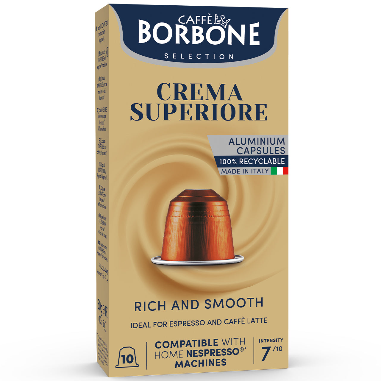 Box of Caffè Borbone Crema Superiore coffee capsules on a white background